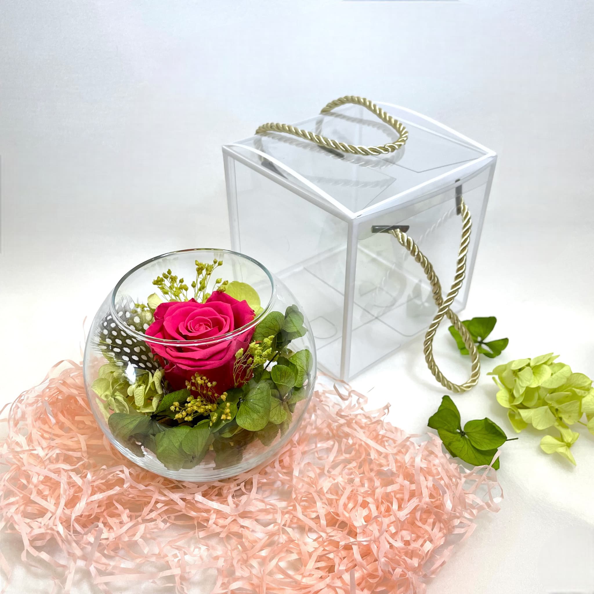 Preserved pink rose glass round bowl arrangement 