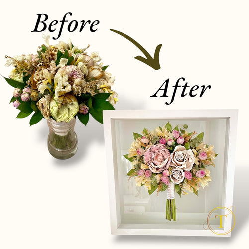 Before and after bouquet preservation in resin
