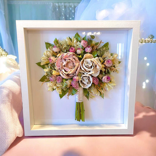 Wedding bouquet memory frame as home decor