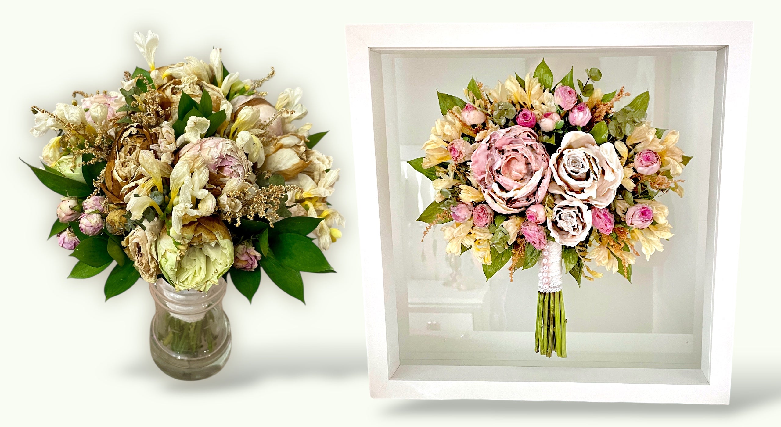 Before and after collage showing Rebecca's wedding bouquet preserved in resin