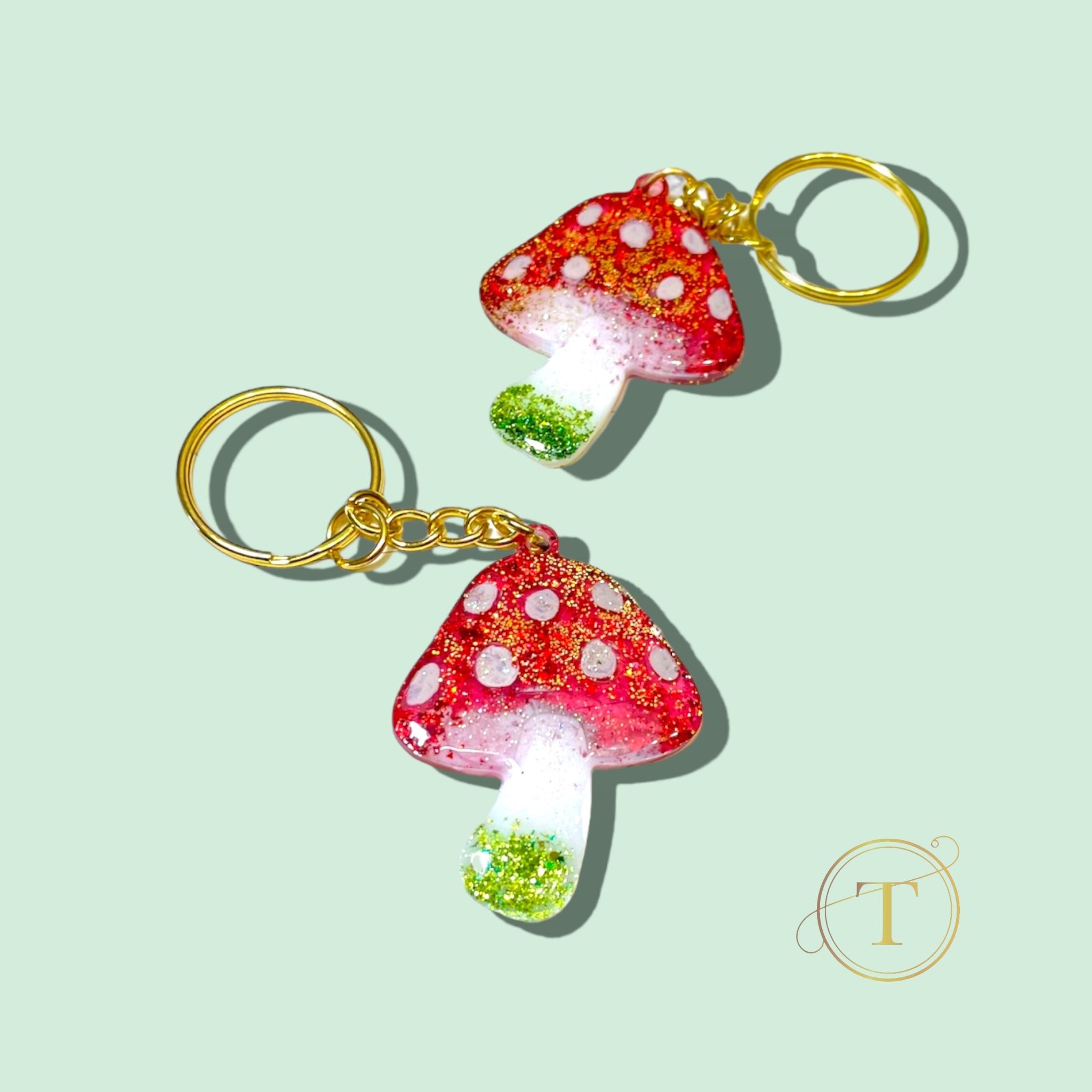 Red Mushroom Keychain - Sparkly Epoxy Resin Charm, Unique Gift Idea