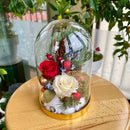 Winter Tale - Preserved Red & White Roses Glass Dome, Festive Decor, H19cm