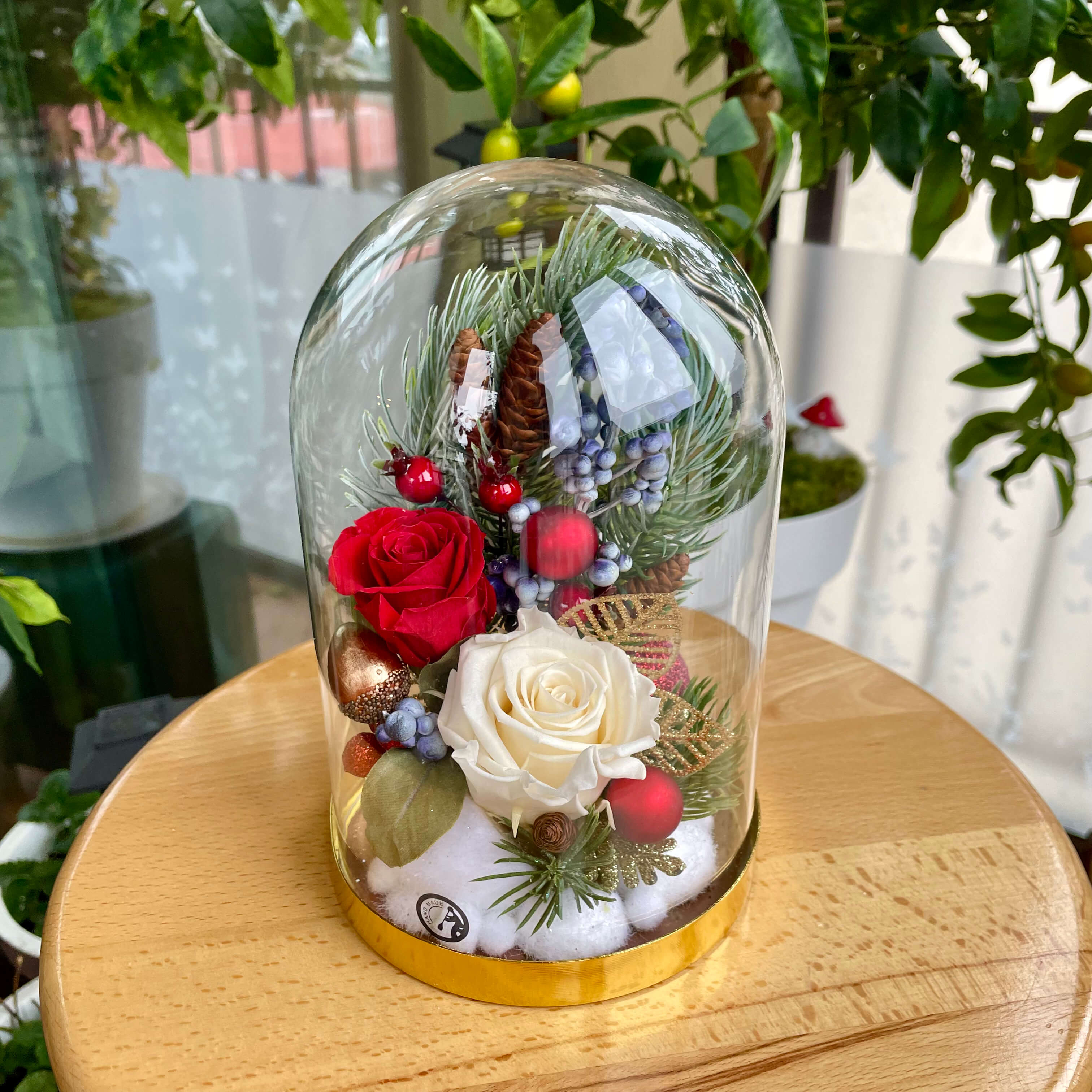 Winter Tale - Preserved Red & White Roses Glass Dome, Festive Decor, H19cm