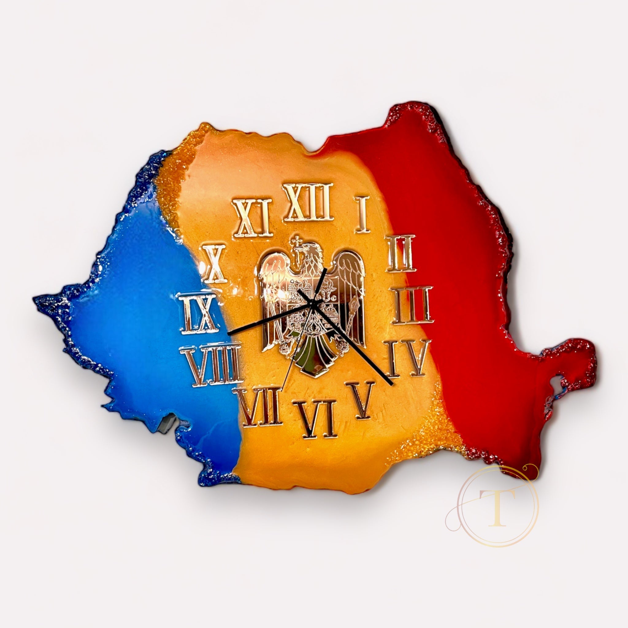 Wall clock in the shape of the Romania map with the coat of arms