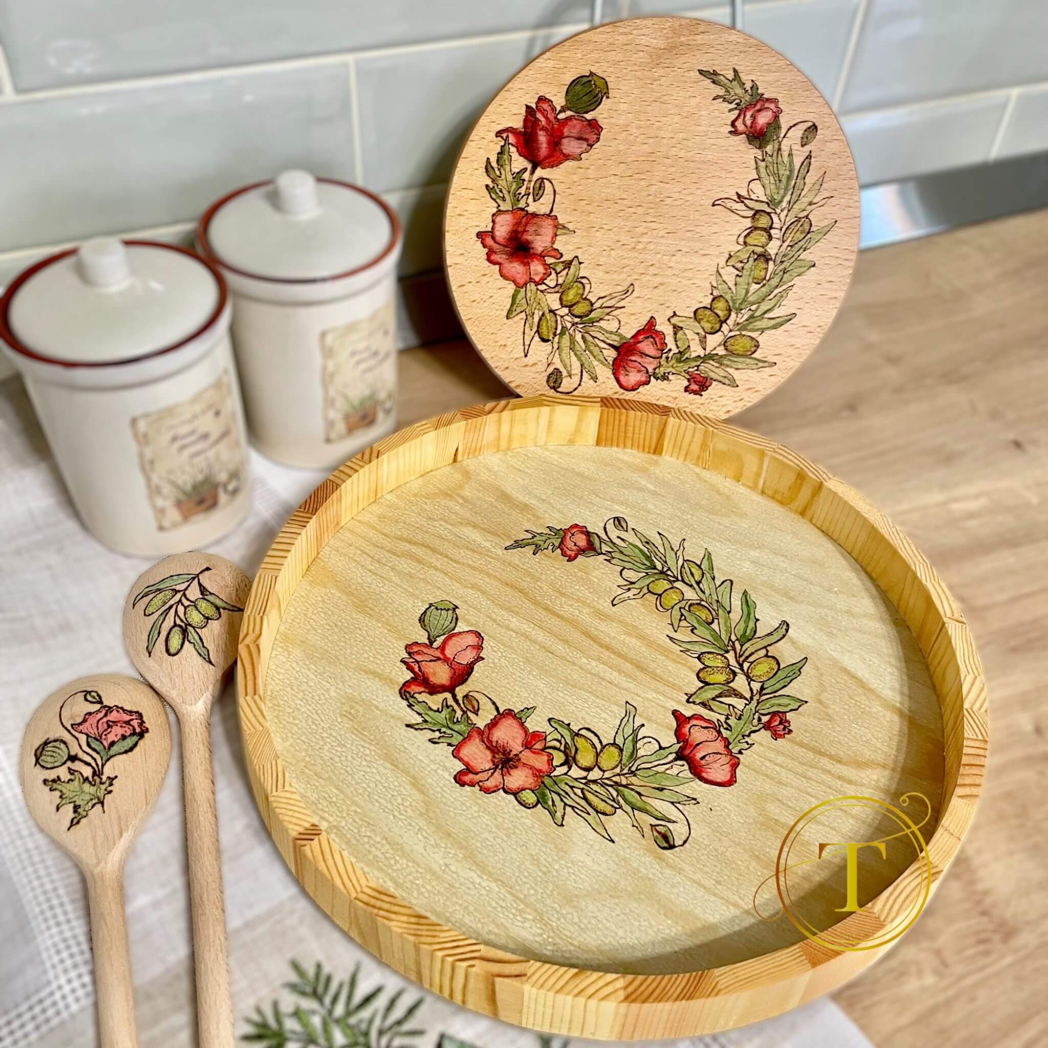 Wild Poppies: Handmade Wooden Tray & Cutting Board Set