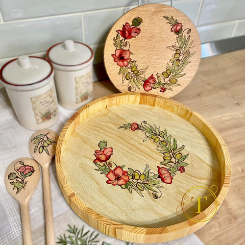Wild Poppies – set tavă rotunda + tocator decorativ din lemn, pictat manual
