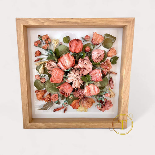 Wedding bouquet shadowbox with white background, preserved flowers