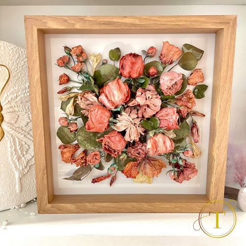 Overview of preserved wedding bouquet shadowbox with epoxy finish
