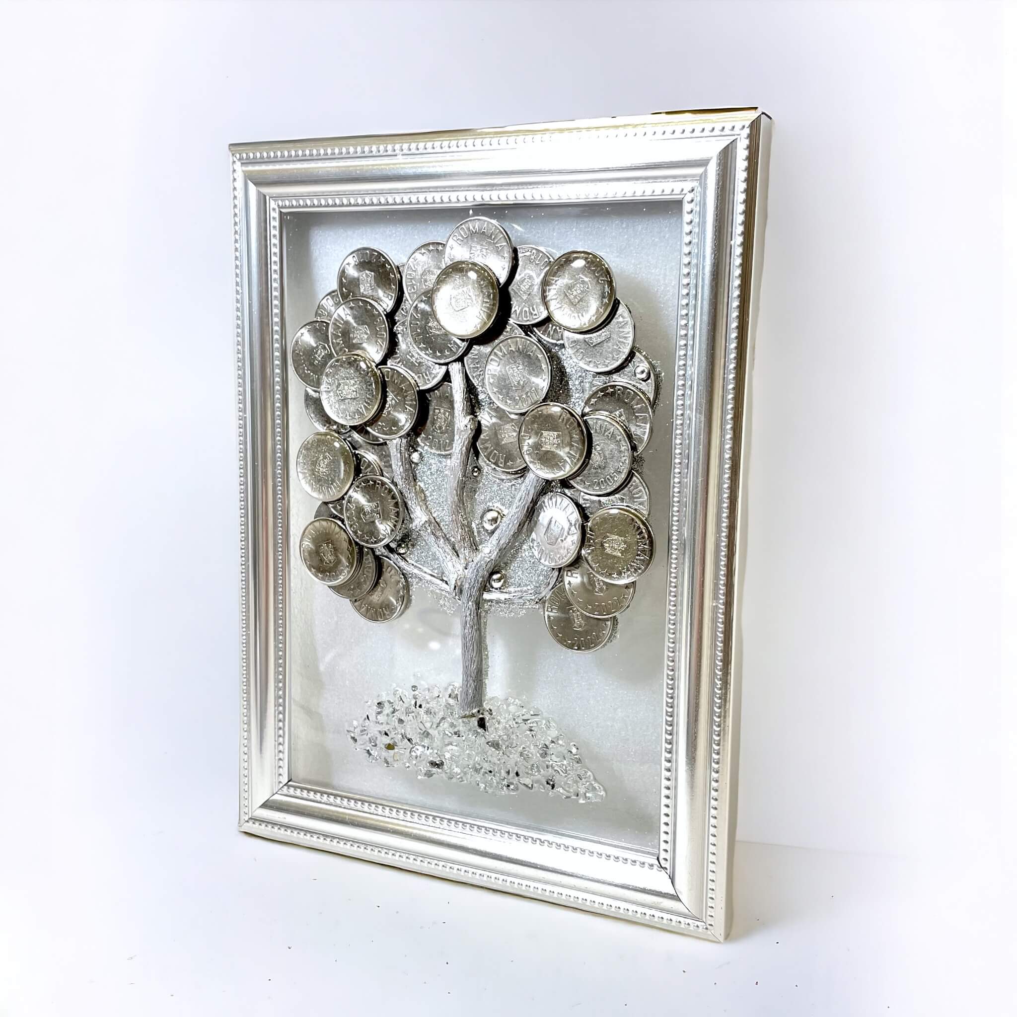 Silver Tree of Abundance: 3D Money Tree Wall Art on Glass, 16 x 21 cm