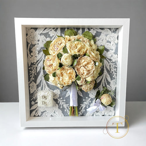 Preserved Stefania's wedding bouquet on dark background