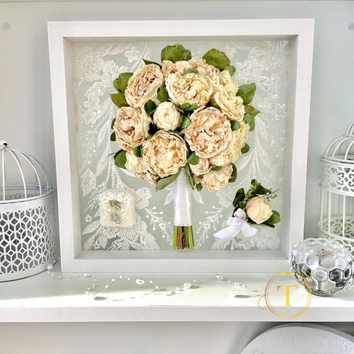 Preserved Stefania's wedding bouquet as part of home decor