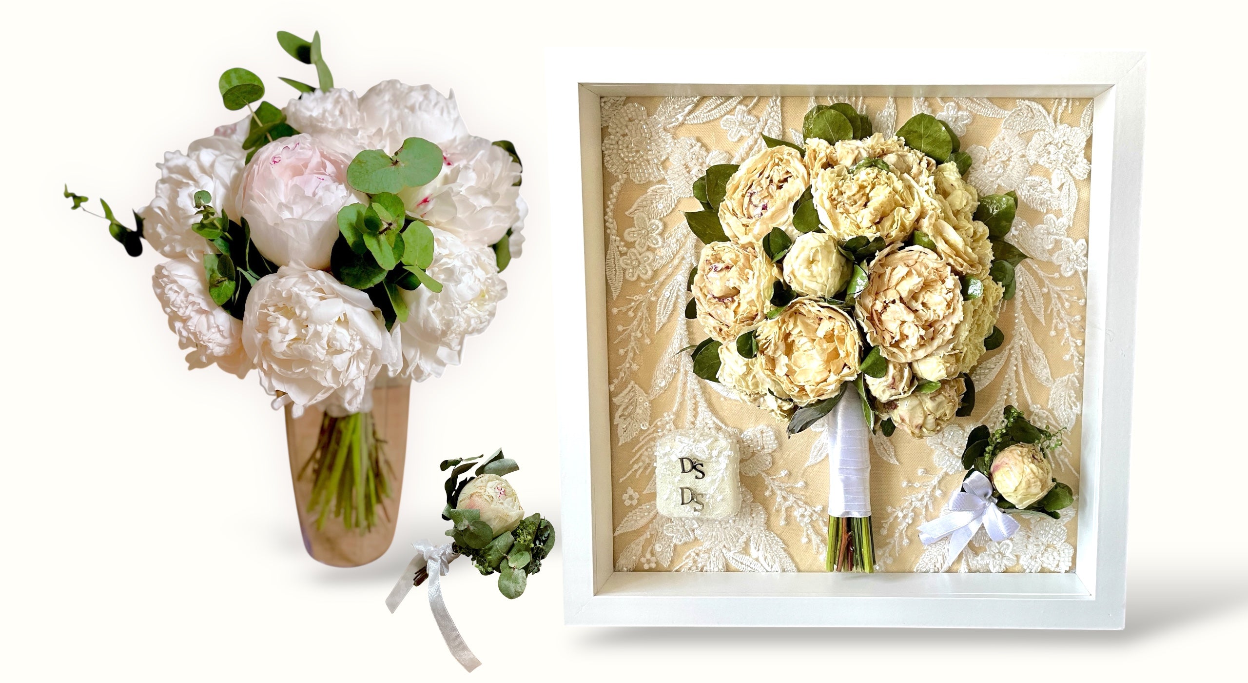 Before and after collage showing Stefania's wedding bouquet preserved in resin
