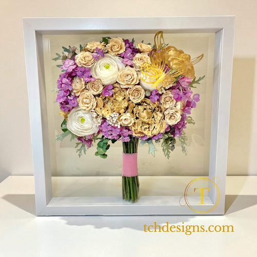 Buchet mireasa romantic conservat in rasina epoxidica | Tablou 3D 32x32 cm