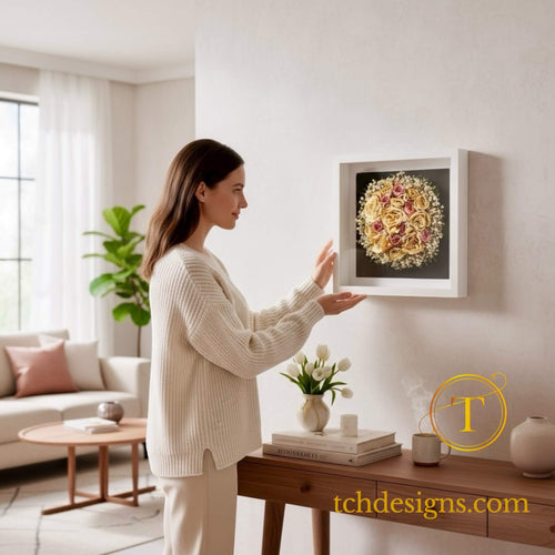 Conservare buchet mireasa uscat, pastrat acasa | Reconditionare in rasina, tablou 3D 32x32 cm