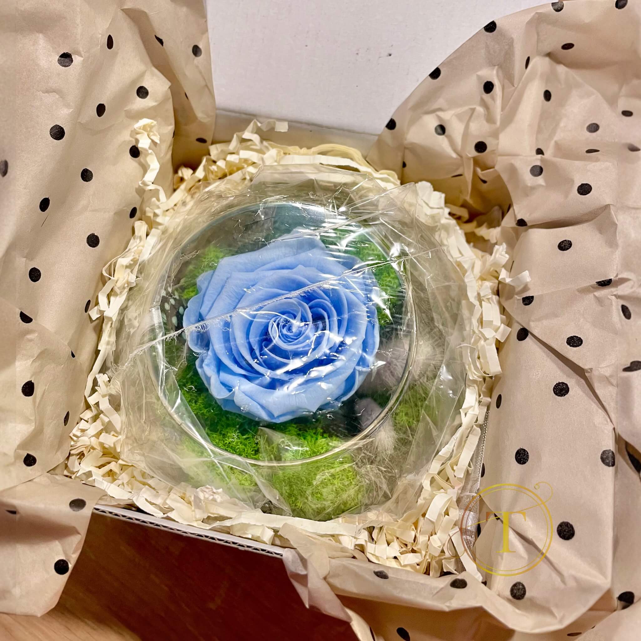 Forever Light Blue Rose & Lichen in Glass Bowl Preserved Arrangement, Ø12cm