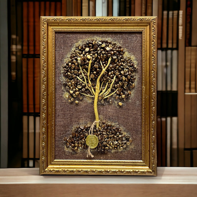 Coffee tree art Infront of books shelf 