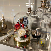 Winter Tale - Preserved Red & White Roses Glass Dome, Festive Decor, H19cm