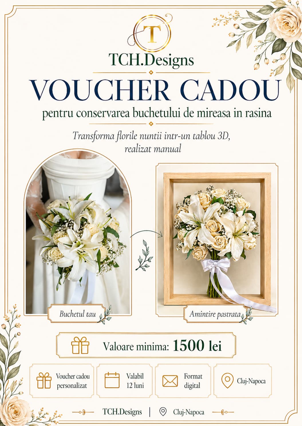 Voucher cadou pentru conservarea buchetului de mireasa in rasina epoxidica TCH Designs Cluj Napoca