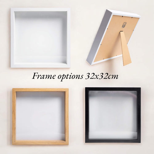 32x32 cm frame options for preserved wedding bouquet – white, black and wood look – TCH.Designs