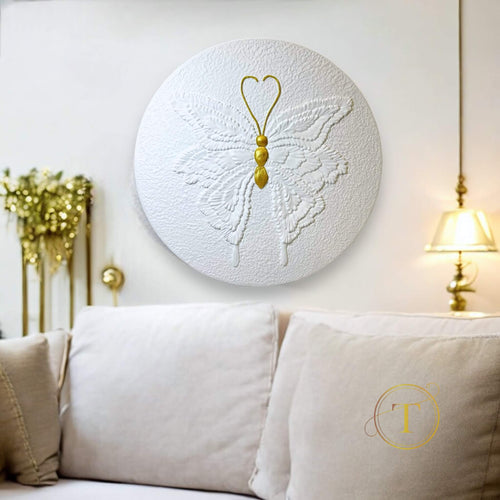 Fluture alb – tablou de perete texturat cu fluture in relief, alb, Ø30 cm
