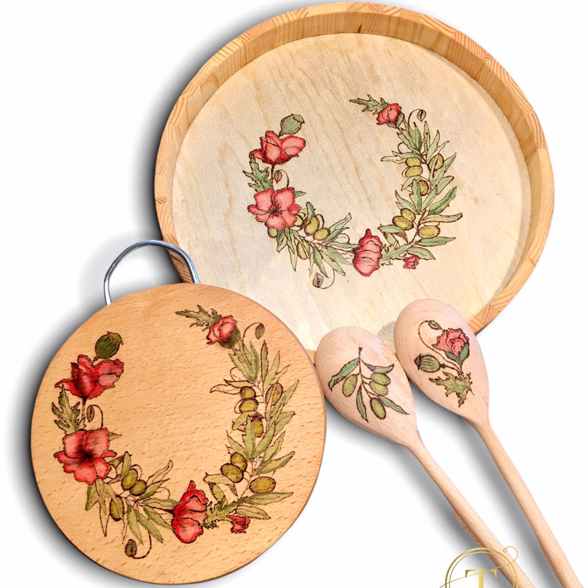 Wild Poppies: Handmade Wooden Tray & Cutting Board Set