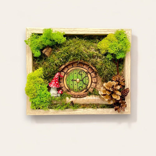Hobbit House with Bilbo Baggins-style door,  preserved moss art 